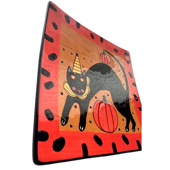 Sharon Bloom Black Cat & Pumpkins Halloween Plate Hand Painted Square Collectors - Picture 3 of 4